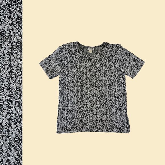 Vintage 70s/80s M lace floral blouse by Jostar, black & white sheer crew-neck - Picture 1 of 9